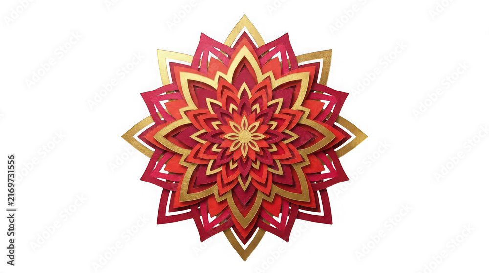 Intricate geometric mandala design with vibrant red and gold color scheme transparent background