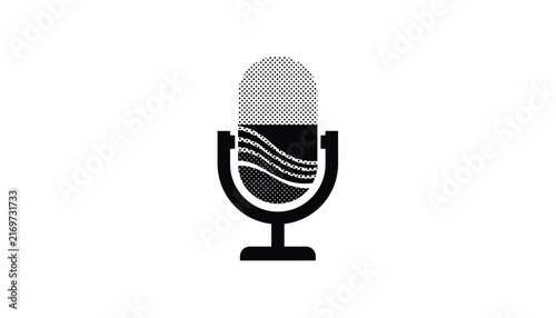 Retro microphone icon with a black halftone texture and decorative waves in the middle, perfect for podcast or radio branding.