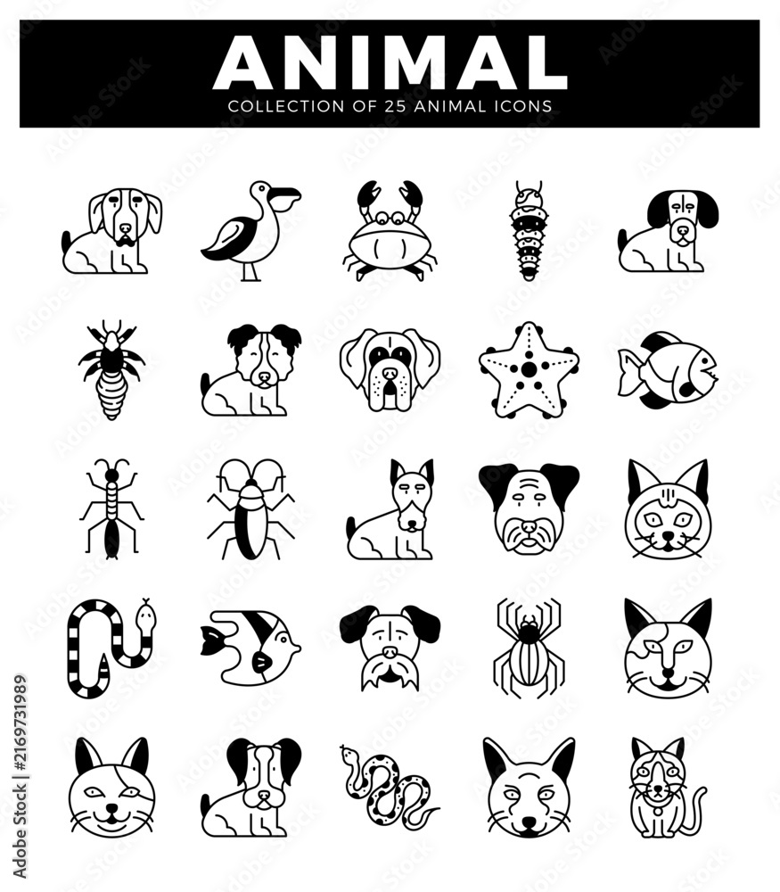 Obraz premium diverse animal icons in a minimalist line art style on a white background.