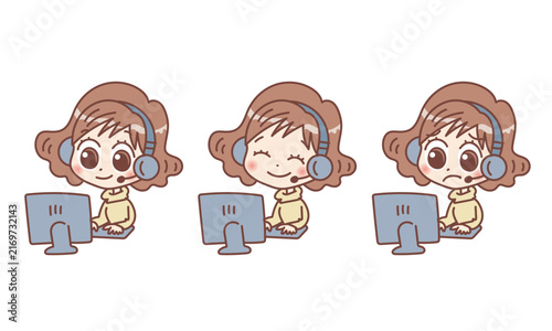 コールセンター・オペレーターの女性の表情違いイラスト（パソコン・ヘッドセット）
