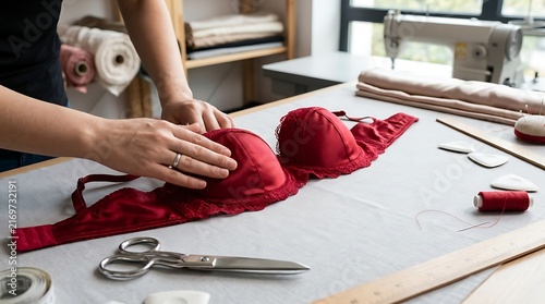 Tailor working on a red lace bra in a sewing workshop.