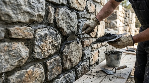Stonemason applying mortar to a natural stone wall.