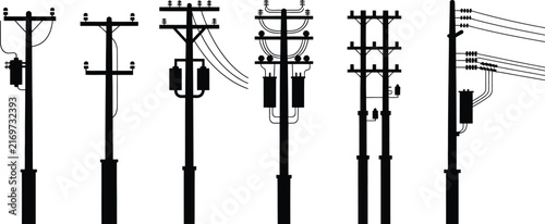 Bild auf Leinwand Collection of various black silhouette electric utility poles and power line str