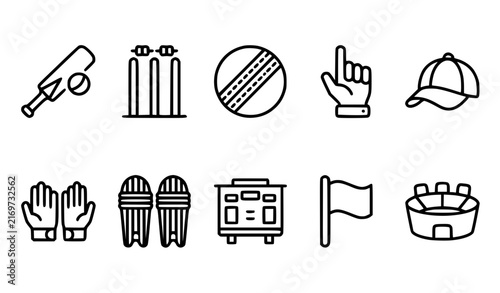 Minimal cricket equipment bat and ball silhouette icon set sports vector collection