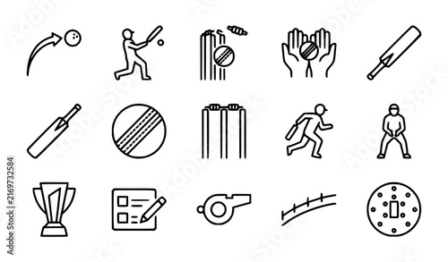 Minimal cricket bat and ball icon collection monochrome sports equipment vector set