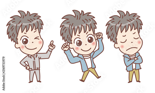 働く男性とカジュアルな私服の若い男性の全身イラスト素材（笑顔・ガッツポーズ・困り顔）