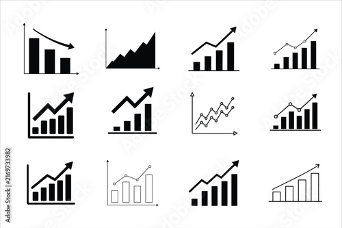 Business Growth Chart Icons with Rising Graph, Bar Chart And Trend Arrows