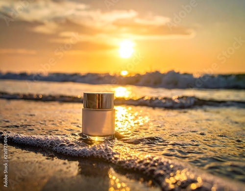 A luxurious cosmetic bottle sits on a wet sandy beach as waves gently lap around it during a vibrant sunset, highlighting natural beauty and relaxation.