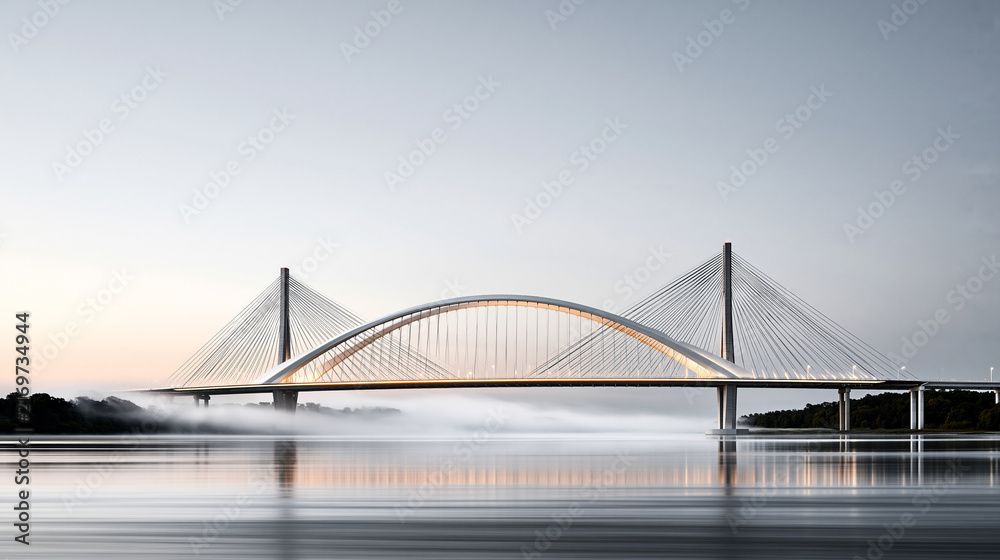 Fototapeta premium A high-end editorial architectural photograph of a modern glass-and-steel suspension bridge spanning a misty river valley at dawn, soft light highlighting the sweeping cable lines