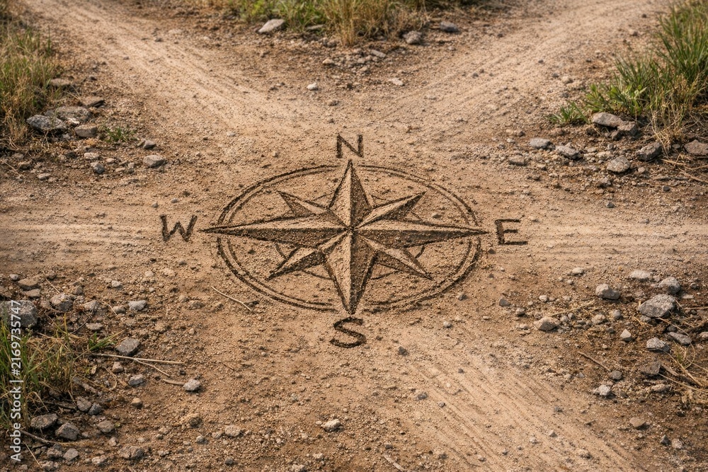 Fototapeta premium A compass drawn in the sand on a dirt road, suggesting navigation and exploration