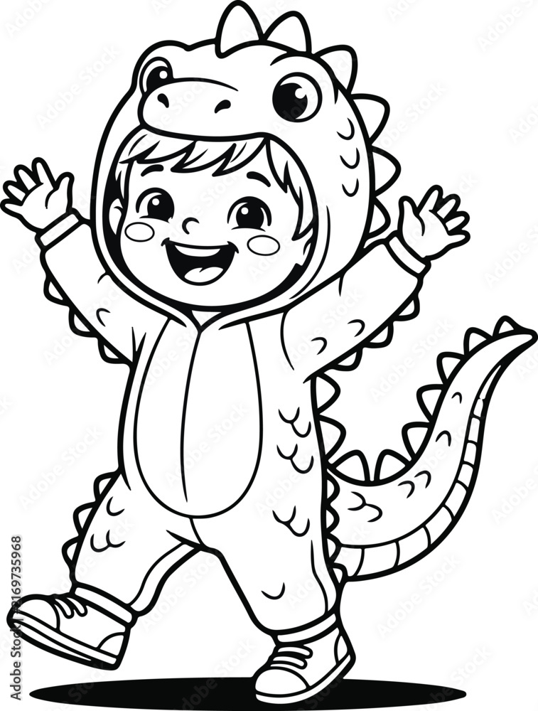 Fototapeta premium A cute little child wearing a fun dinosaur costume for a playful coloring page for young kids