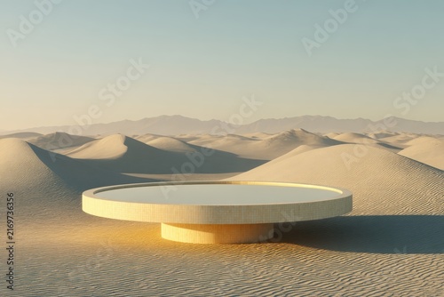 A Serene Desert Oasis Podium: A circular, raised podium with a reflective surface stands in the middle of a vast, undulating desert landscape, bathed in the soft, warm light of dawn or dusk.