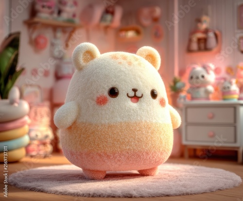 Adorable Marshmallow Bear Character: A cute, fluffy marshmallow-like bear character with rosy cheeks and big, dark eyes sits on a soft rug in a whimsical, pink-themed room.