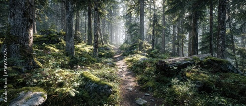 Sun-Dappled Forest Path: A winding path meanders through an ancient forest, with sunlight filtering through the dense canopy, illuminating moss-covered rocks and lush undergrowth.