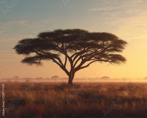 Acacia Tree in African Savannah: A solitary acacia tree stands tall and proud on the vast plains of the African savannah, silhouetted against a warm, hazy sunrise.