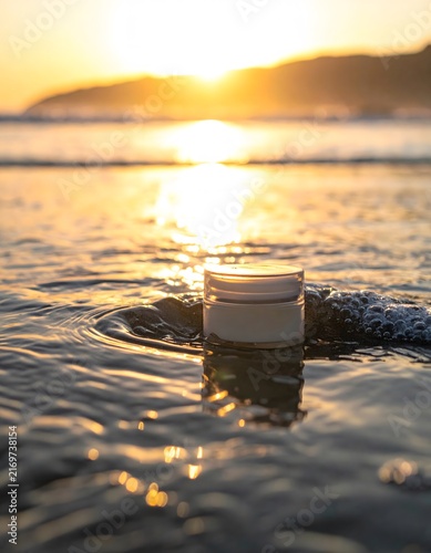 A luxurious beauty cream container sits on a wet sandy beach, gently kissed by the tide as the golden sun sets, creating a radiant and tranquil scene.