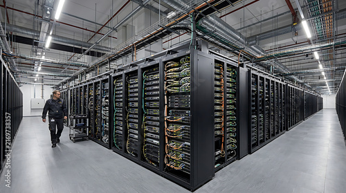 Plakat Modern data center with server racks and technician 1.