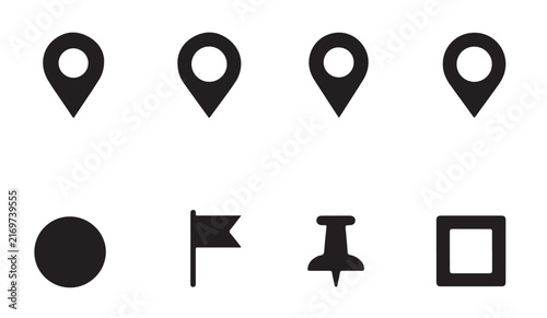 Collection of black navigation and location vector icons including pin, circle, flag, thumbtack, and square.