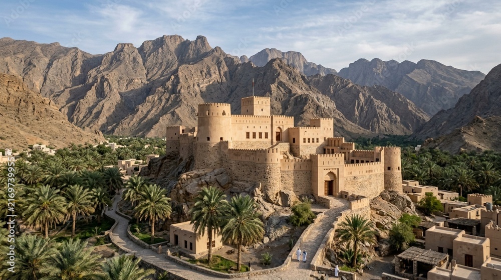 Obraz premium Omani castle landscape, ancient fortress in rocky mountains, palm trees, traditional village