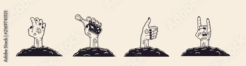 Zombie hands icons. Zombie Hands rises from the ground in a retro Halloween style. Spooky undead decorations. Vector illustration.