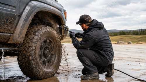 Man washing mud off off-road SUV wheel with pressure washer