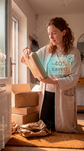 Pleased woman unwrapping package as augmented reality savings confirmation hologram glows