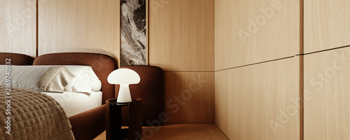 Bedroom. Close up of bed and night stand with lamp. 3D Rendering, 3D Illustration