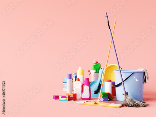 Household cleaning products on pink background with copy space. Cleaning concept banner design. 3D Rendering, 3D Illustration