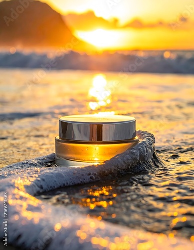 A luxurious beauty cream container sits on a wet sandy beach, gently kissed by the tide as the golden sun sets, creating a radiant and tranquil scene.