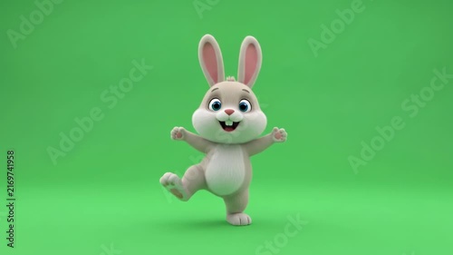 Cute 3D Animated Bunny Rabbit Character Dancing on Green Screen Background.