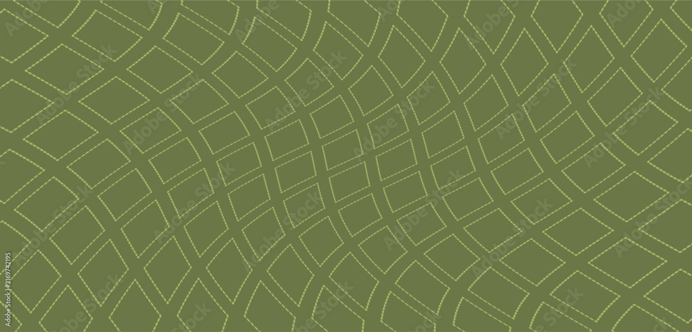 Fototapeta premium Sophisticated olive green optical illusion pattern featuring a warped grid of dashed diamond shapes. This organic yet geometric vector design creates a mesmerizing wave effect perfect for contemporary