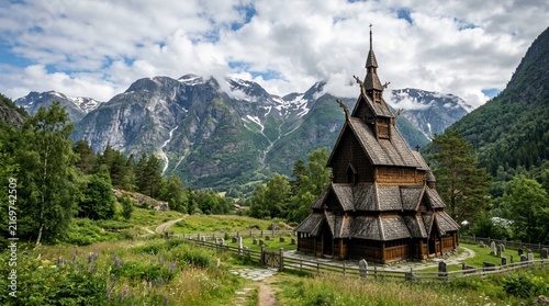 Scenic wooden stave church in Norway mountains landscape, historic architecture