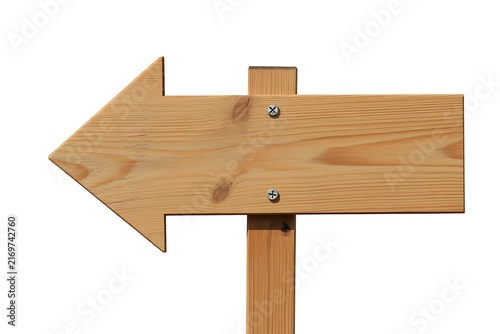 Wooden arrow sign pointing left on a post isolated on white background