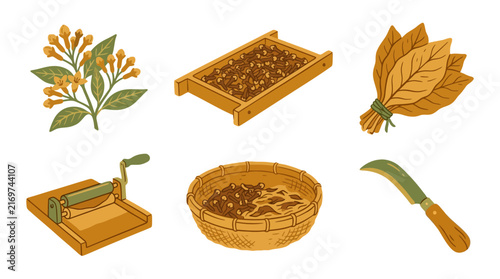 Clove and Tobacco Production Icons Set