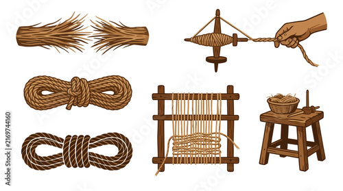 Traditional Coconut Fiber Rope and Weaving Craft Icons Set