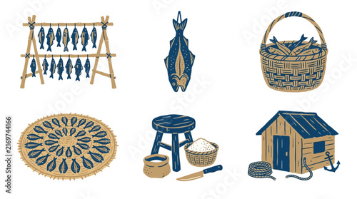 Traditional Coastal Salt Fish Drying and Fishing Culture Icons Set