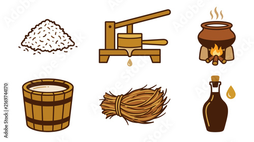 Traditional Coconut Oil Production Process Icons Set