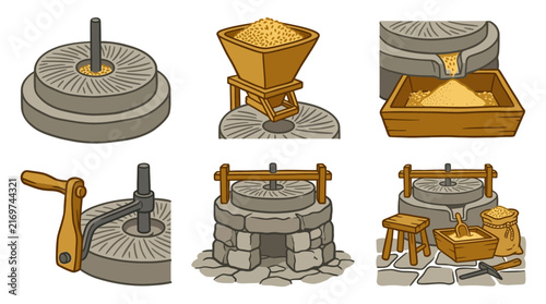 Set of Stone Milling Craft Icons Featuring Traditional Grinding Stones and Flour Production
