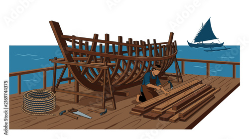 Traditional Coastal Boat Builder Working on Wooden Ship Construction