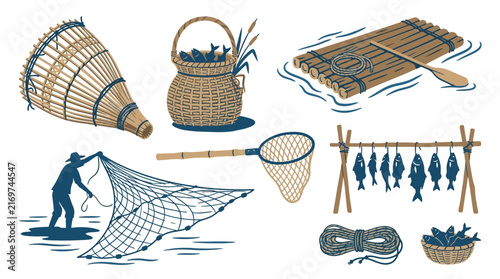 Traditional Fishing Equipment Set with Fisherman and Catch