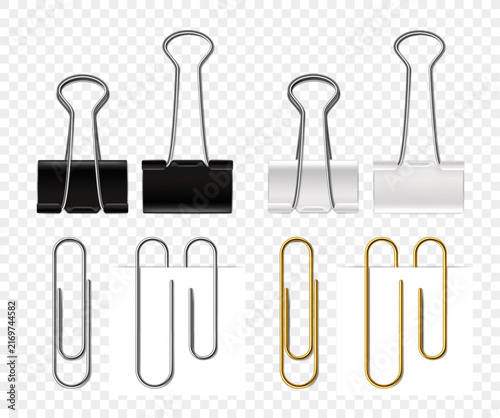 Binder clips and paper clips realistic vector with black, white and gold office fasteners, stationery supplies isolated on transparent background for document organization
