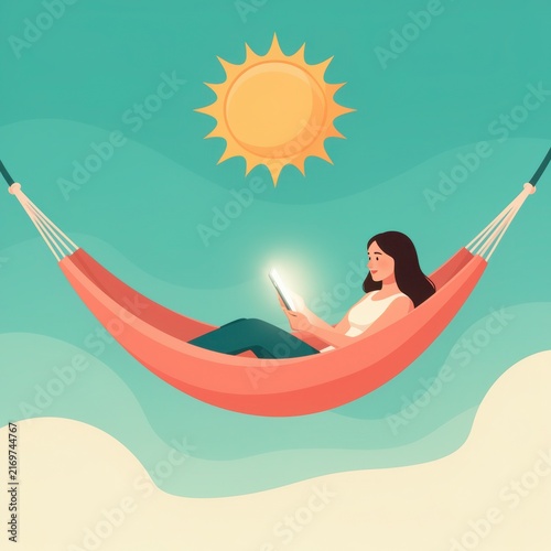 Woman relaxing in hammock using smartphone under sun