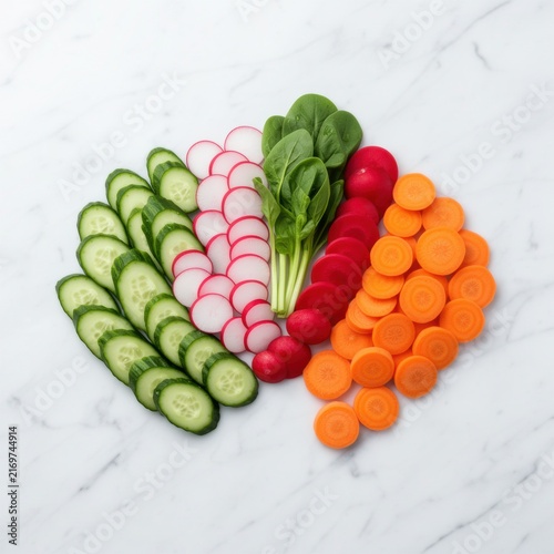 Fresh vegetable arrangement on white marble background