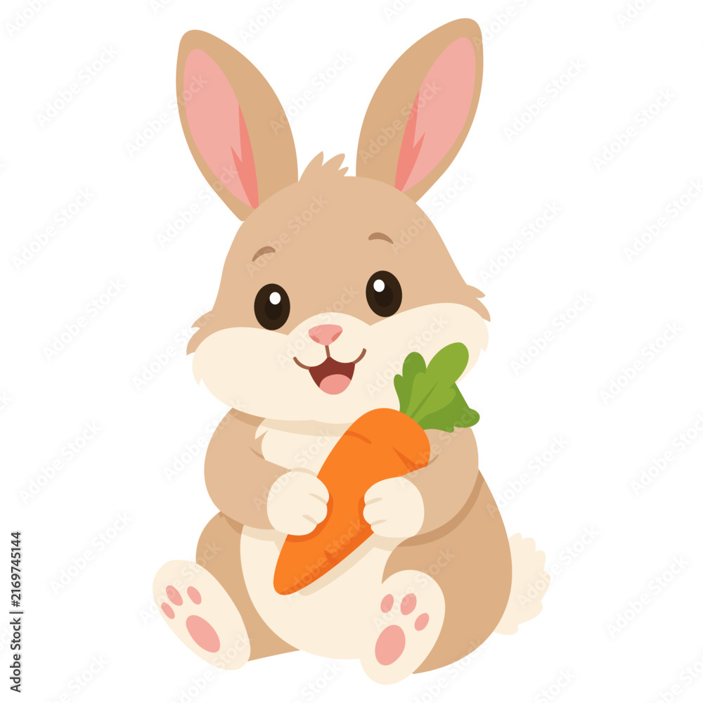 Fototapeta premium Cute Rabbit Bunny Holding Carrot Pet Hare Vegetable Food Long Ear Paw Whisker Animal Companion Garden Friend