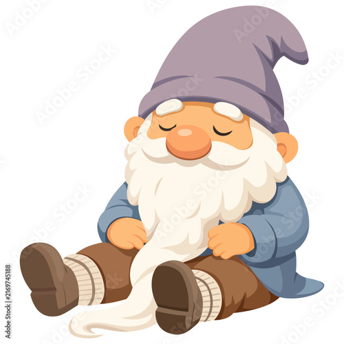 Sleepy Garden Gnome with Lavender Pointed Hat, Long White Beard, Gray Outfit, Seated Pose, Cozy Boots