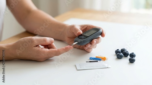 Person using modern glucose meter to check blood sugar levels while sitting at white table with fresh blueberries and medical lancets representing healthy diabetes management.