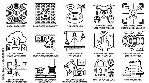 Foto Professional film production line icons, 15 cinematography and video editing vec