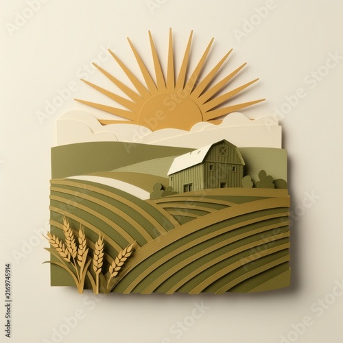 Paper art sunrise over rolling farm fields