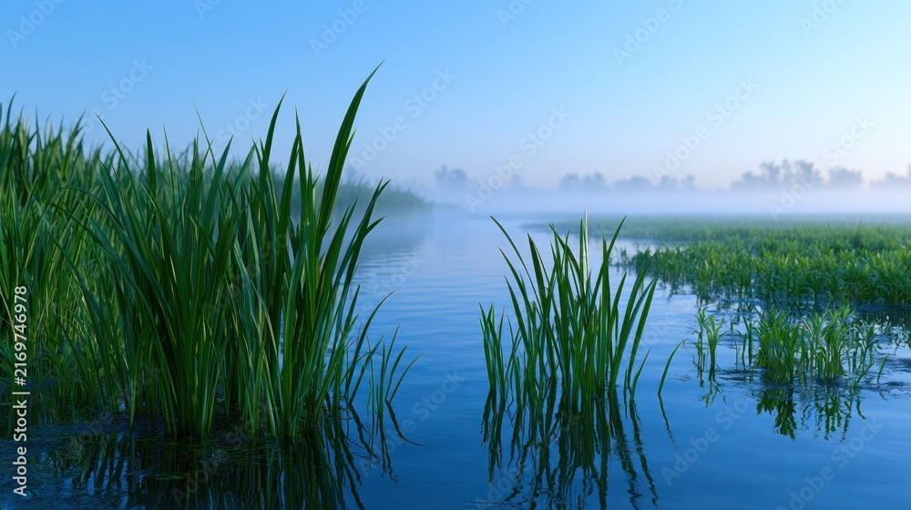 Fototapeta premium Peaceful wetland surrounds a serene lake, dense grasses, and mist enveloping the horizon at dawn