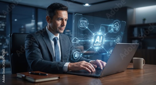 Businessman working on laptop with agent interface